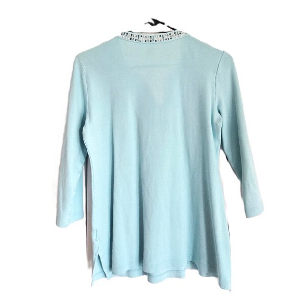 JM Collection Women Light Blue & shiny silver applications Top 3/4 lengh sleve S - Picture 2 of 3